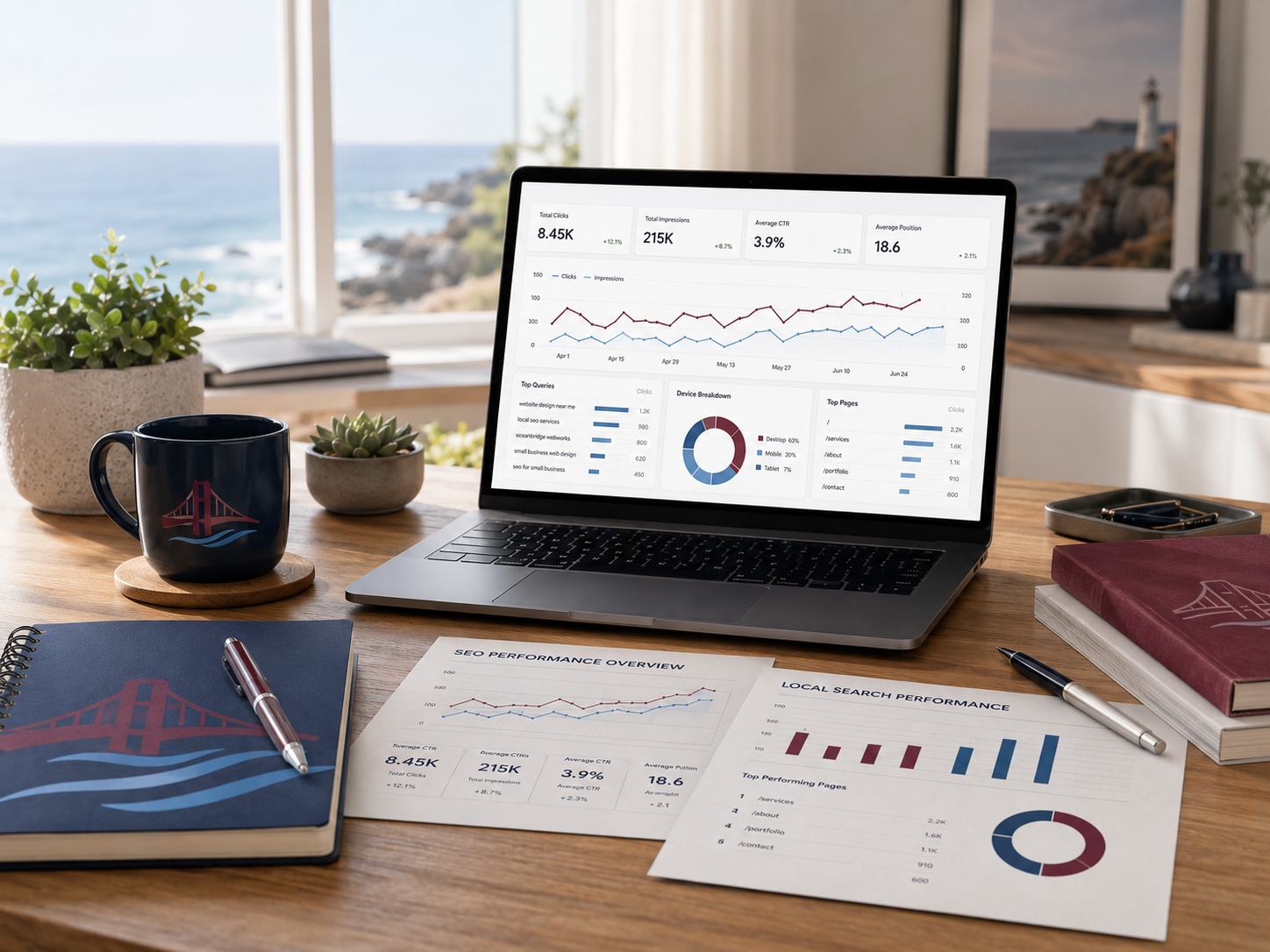 OceanBridge WebWorks workspace showing SEO reporting and analytics on a laptop